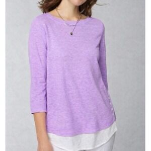 J. Jill Purple Layered Hem 100% Linen 3/4 Sleeve Top Women XL Coastal Lagenlook